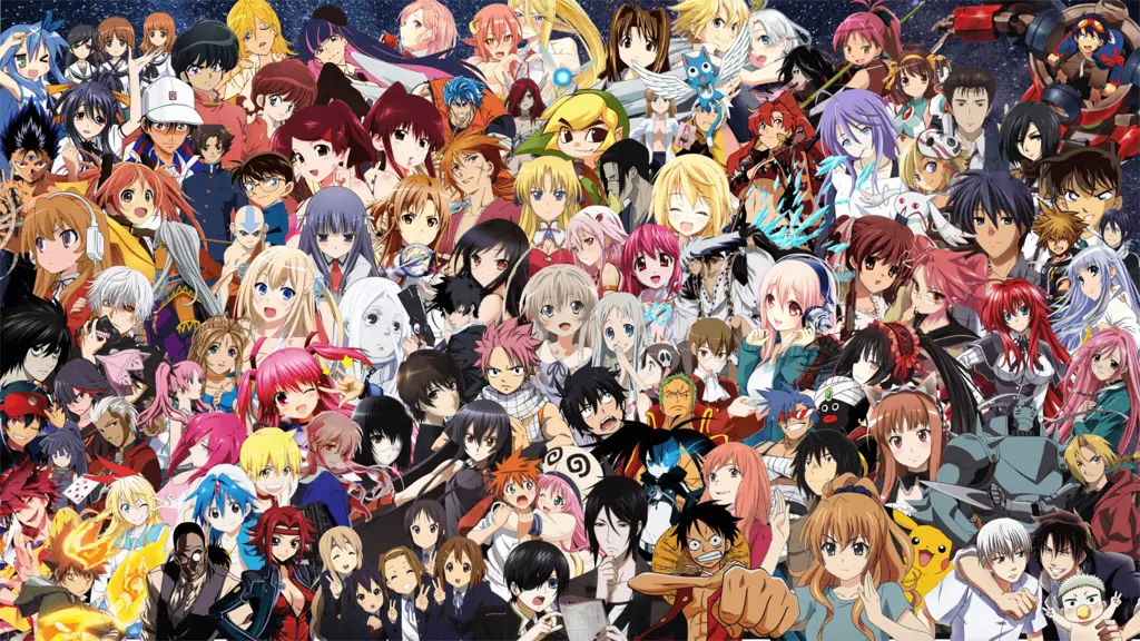 Menonton Anime Imocho Bersama Teman Ilustrasi berbagai karakter anime yang menonton anime bersama